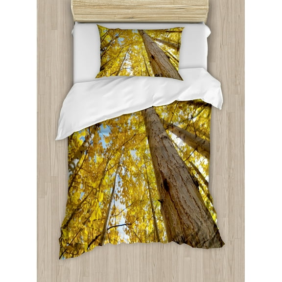 Nature Duvet Cover Set Twin Size, Image of Up View of Fall Aspen Tree Leaves in Faded Tone Autumn Season Photography, Decorative 2 Piece Bedding Set with 1 Pillow Sham, Yellow, by Ambesonne
