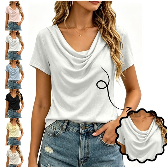 LEKWK Summer Tops for Women Cowl Neck Short Sleeve Dressy Shirts Lightweight Loose Fit Solid Soft T-Shirt Fashion Casual Vacation Travel Outfits