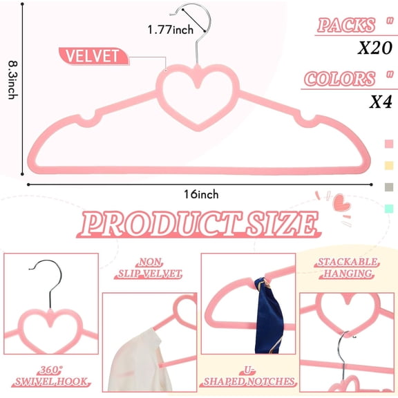 Qihe-20 Pcs Velvet Clothes Hangers with 20 Pcs Clips Non Slip Space Saving Skirt Hanger 360 Degree Swivel Hook Felt Heart Shaped Drying Rack for Pants (Multicolor, Velvet)