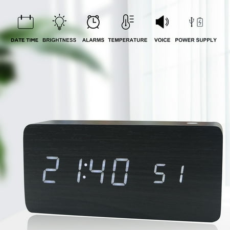 BIMZUC Wooden Digital Alarm Clock 8 Levels Adjustable Brightness LED Display Sound Control Date Temperature Display Minimalist Bamboo Design 5.9 inches