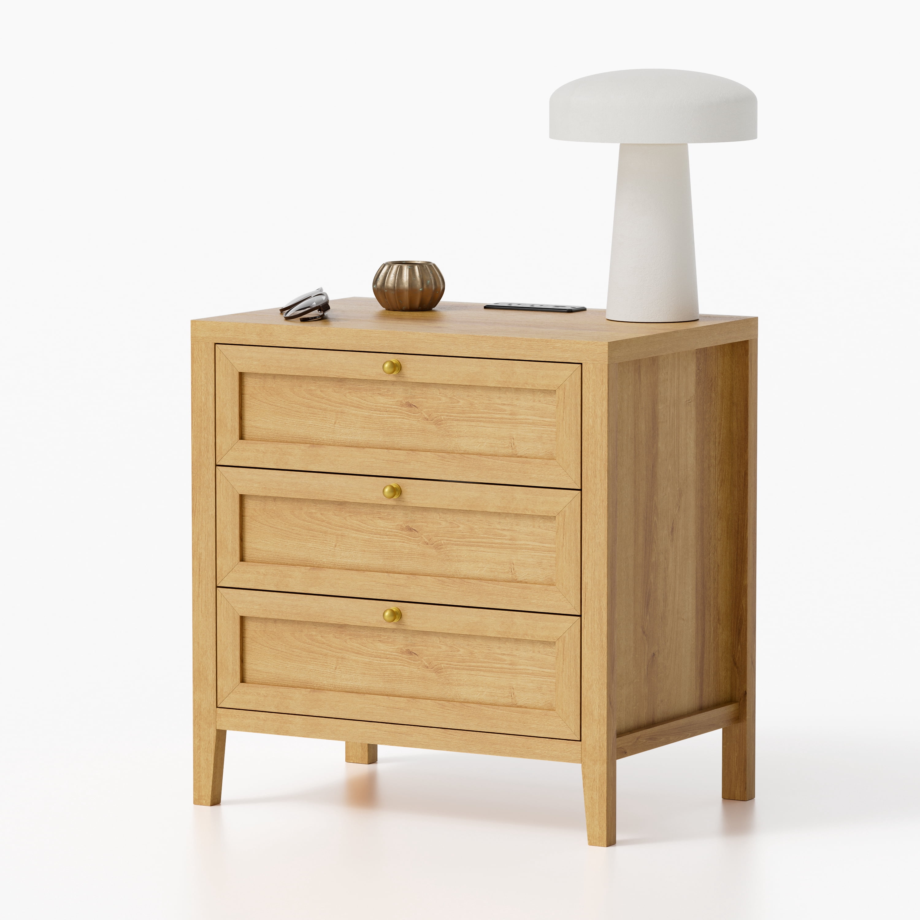 EYYTHUNG 3 Drawer Nightstand with Charging Station, Farmhouse Large Bedside End Table with Storage Drawers, Modern Wood Night Stand, Natural Oak