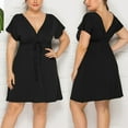 thumbnail image 4 of Ruyang Women Solid Color Dress Casual Short Sleeve V Neck High Waist Beach Mini Dresses With Belt Dress Formal Dresses for Women plus, 4 of 5