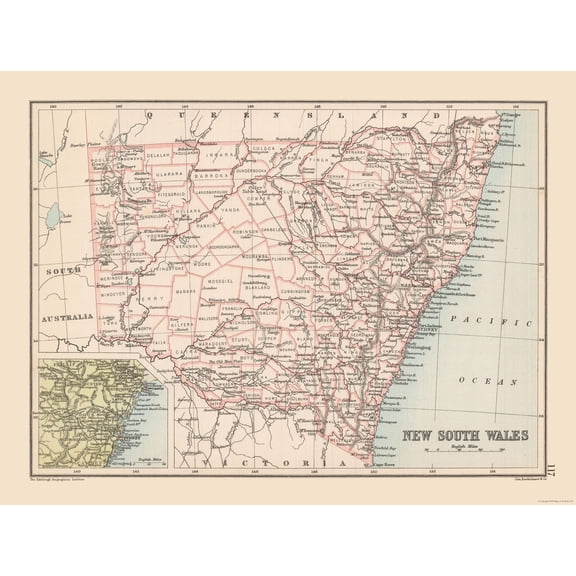 Historic Map - New South Wales Australia - Bartholomew 1892 - Vintage Wall Art