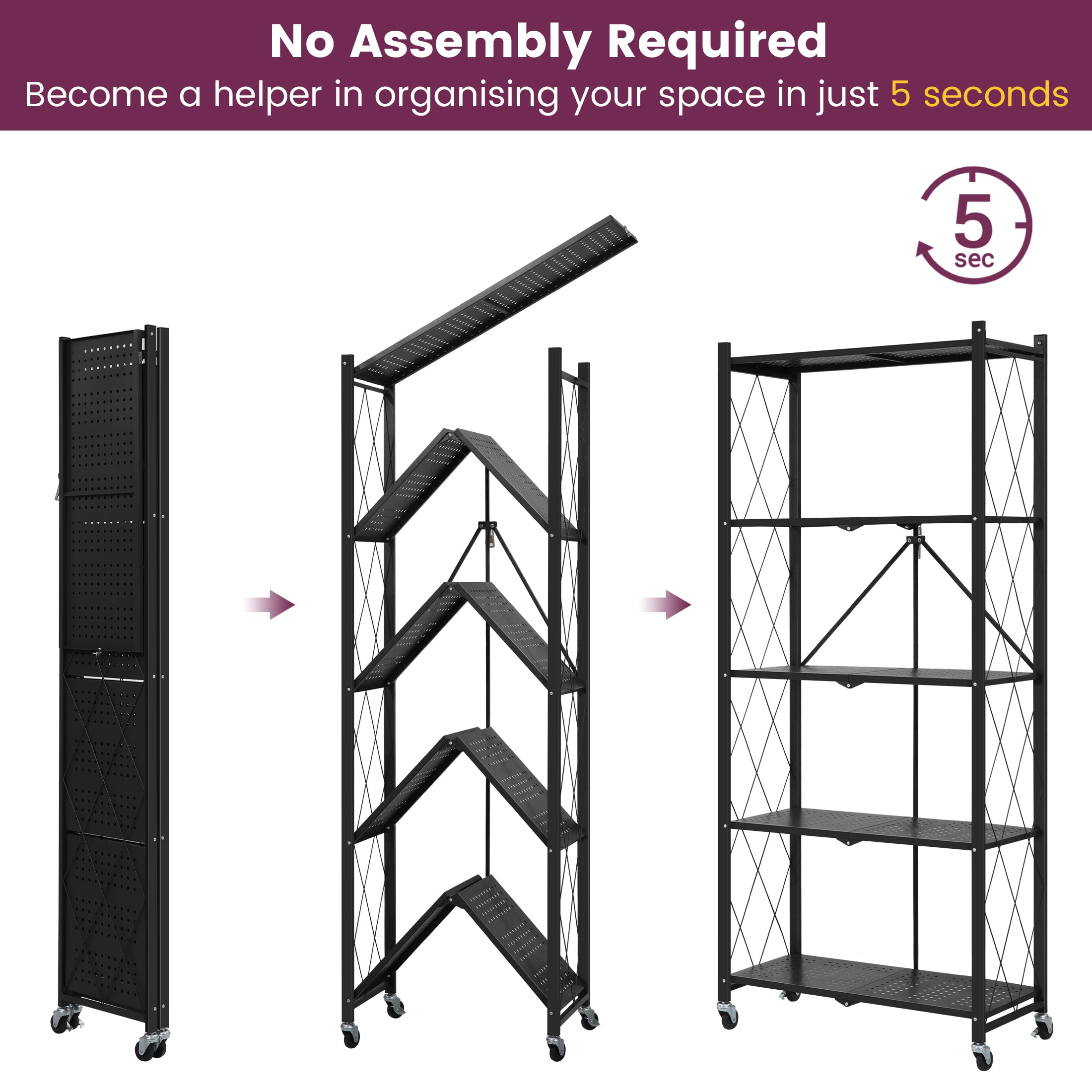 Nbcleanic 70.7" H 5-Tier Storage Shelves with Wheels, Black, 2 Pack