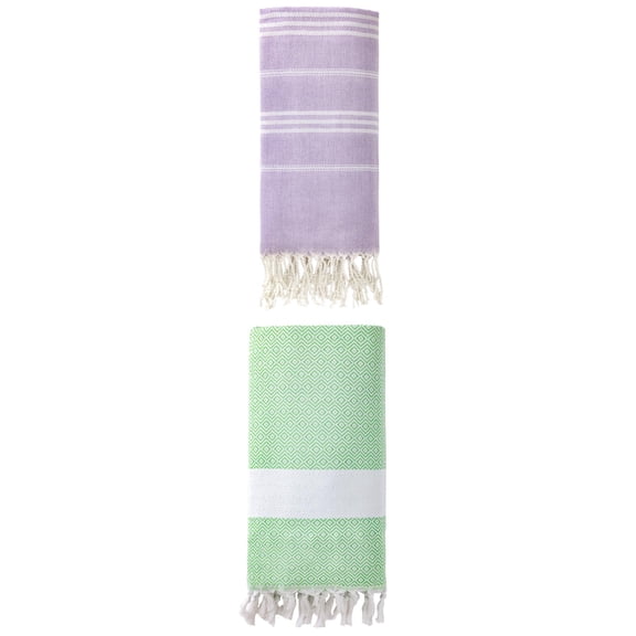 Unique Bargains 2Pcs Light Striped Quick Dry Beach Towel Purple Green 71" x 35"/71" x 40"