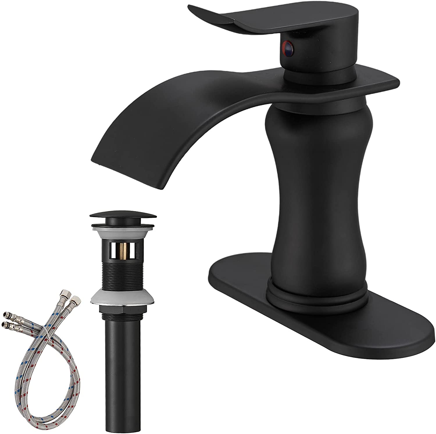 Black Bathroom Faucet Waterfall for Sink 1 Hole Single Handle with Pop
