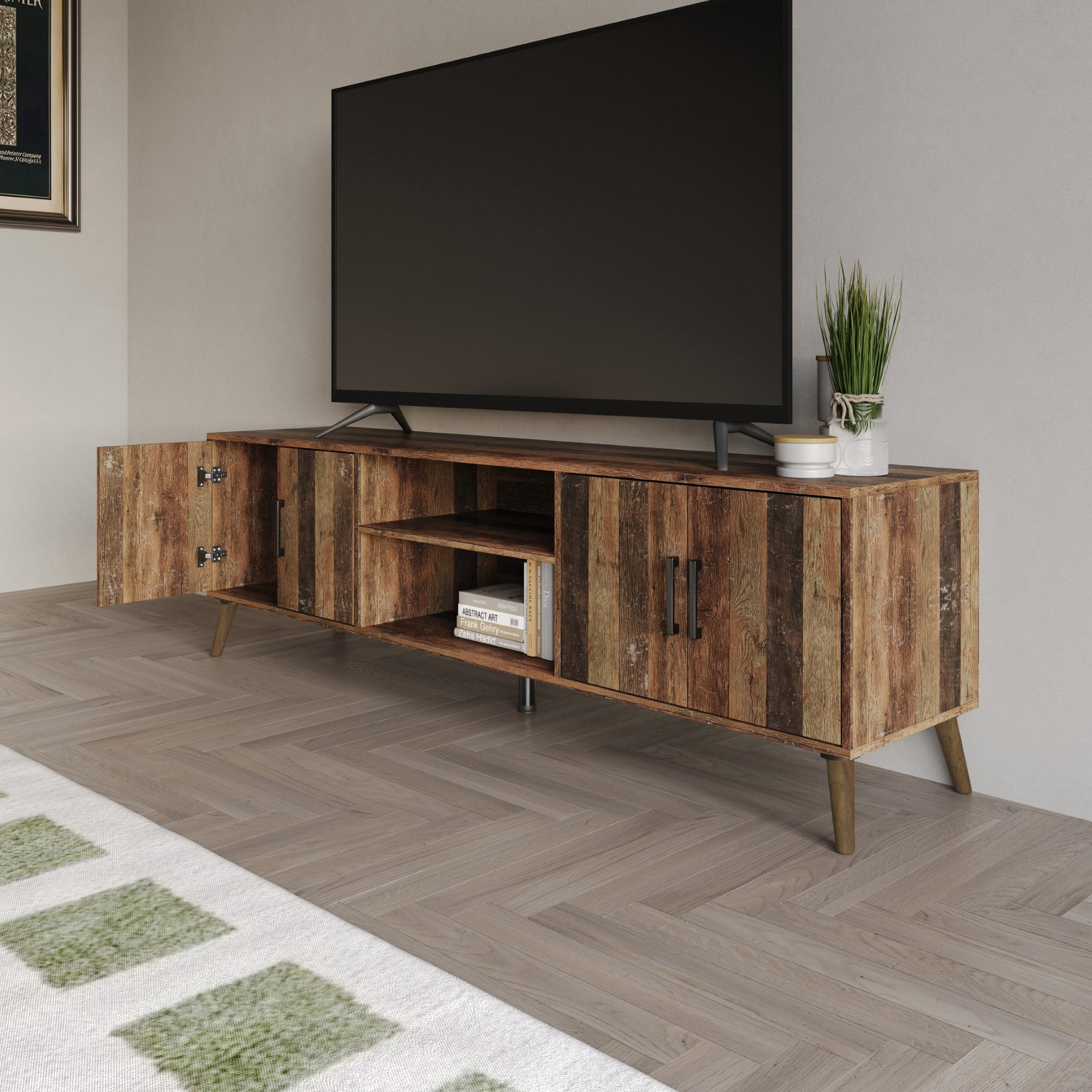 Home Design Juneau 71" TV Stand with Ample Storage, Open Shelves, and Round Cable Hole, Modern Vintage Design for Living Room, Vintage Oak