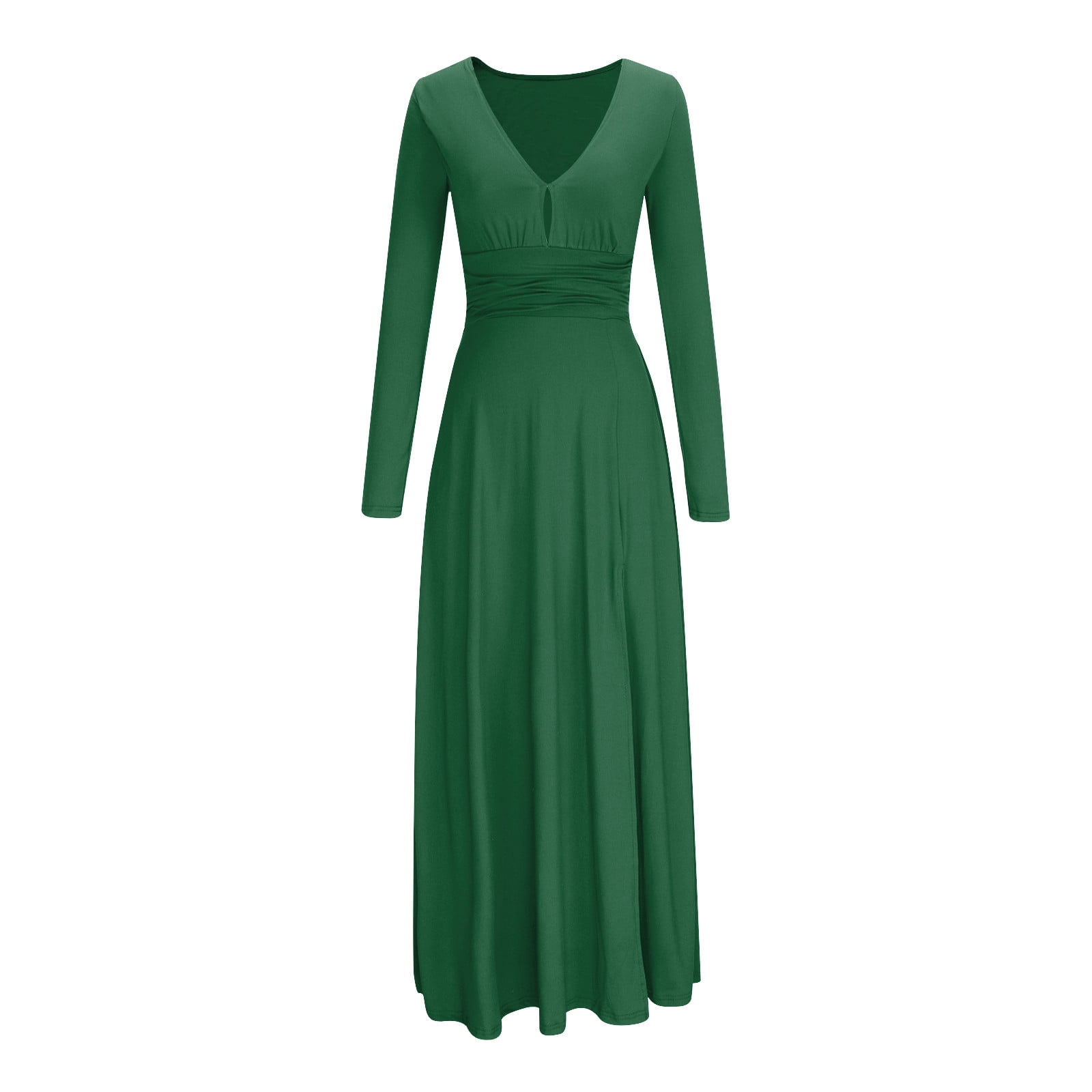 Long Sleeve Party Dress for Women Elegant Wedding Guest Evening Maxi Gown V Neck Pleated High Split Formal Dress (Medium, Green)