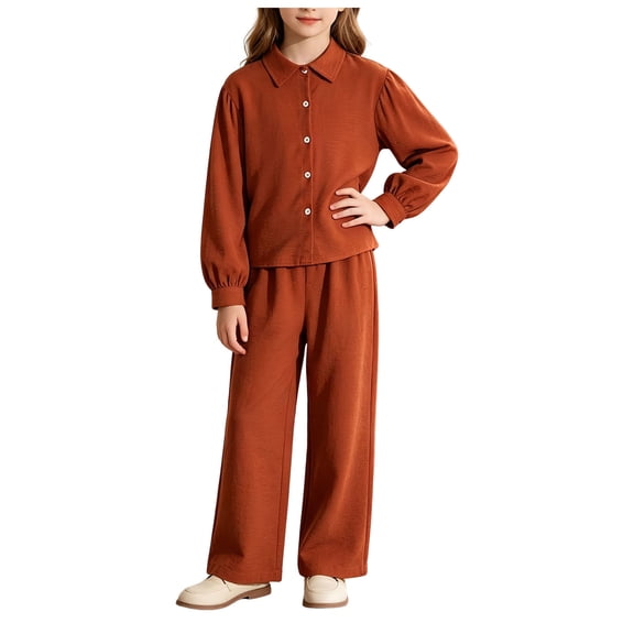 OJSFQUFP Size 7-12 Years Girls Clothes 2 Piece Spring Outfits Shirt Tops & Wide Leg Pants with Pockets Fall Sets