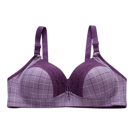 

Women Plus Size Sexy Lace Stitching Plaid Printing Non-Steel Ring Non-Magnetic Buckle Everyday Underwear Bra