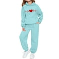 thumbnail image 1 of Conjunto de sudadera con capucha de manga larga para niños con estampado en forma de corazón y pantalones deportivos con lazo en las piernas, conjunto deportivo informal de dos piezas para niños, poli, 1 of 5