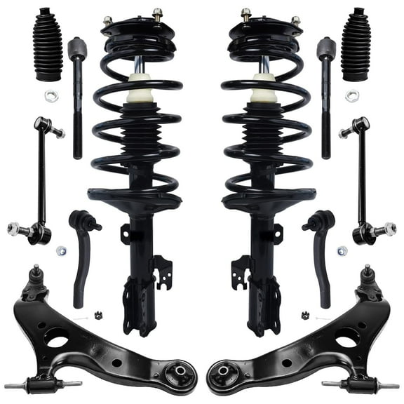 Detroit Axle - Front 12pc Suspension Kit FWD 2004-2010 Toyota Sienna 2004 2005 2006 2007 2008 2009 2010, 2 Struts 2 Lower Control Arms w/Ball Joints 4 Tie Rods 2 Sway Bars 2 Boots Replacement