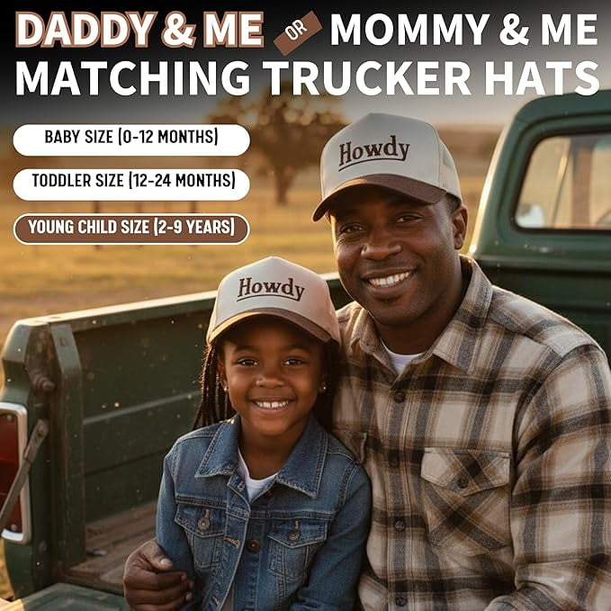 Funky Junque Matching Family Trucker Hat Set - Vintage Two-Tone Daddy & Me, Mommy & Me Snapback Baseball Caps - Howdy - Brown/Beige - Adult/Infant (0-12 Months)