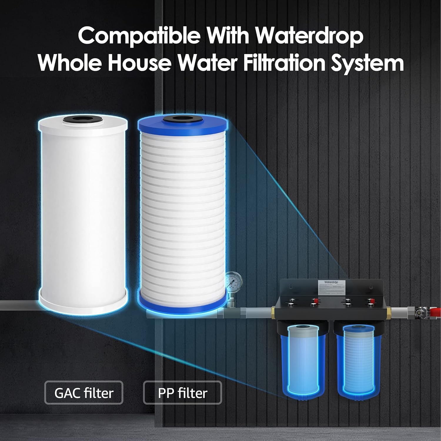 Waterdrop WF10PG 5 Micron 4.5" x 10" Sediment Filter and Activated Carbon Filter, Replacement Cartridge for WFH21-PG Whole House Water Filtration System