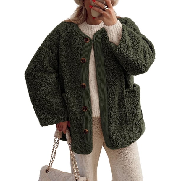 Abrigos de Invierno para Mujer, de Larga, con Botones, Chaquetas de Forro Suave, Ropa de Abrigo, Moda de Otoño Verde S
