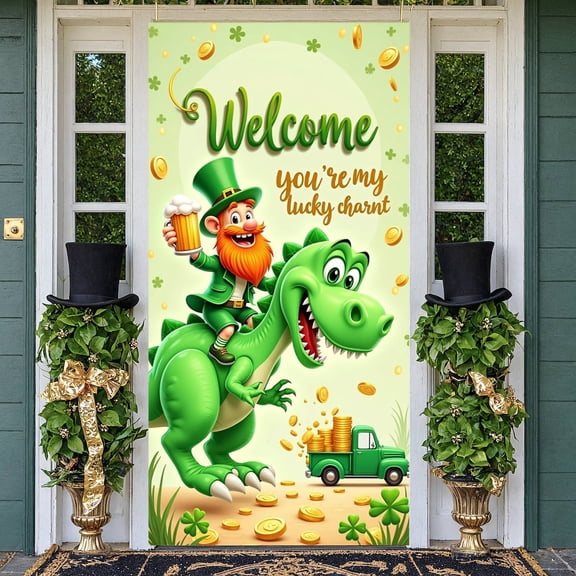 Green Theme St. Patrick's Day Banner Shamrock Pattern Festival Display Gold Star Accent Decorative Eggs Clover Backdrop for St. Patrick's Day Party Celebration Pub Event