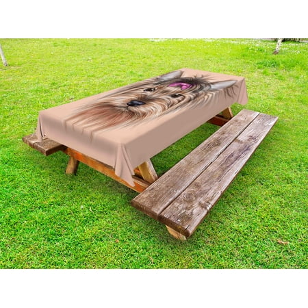

Yorkie Outdoor Tablecloth Realistic Computer Drawn Image of Yorkshire Terrier with Cute Ribbon Animal Decorative Washable Fabric Picnic Tablecloth 58 X 120 Inches Salmon Pale Brown by Ambesonne