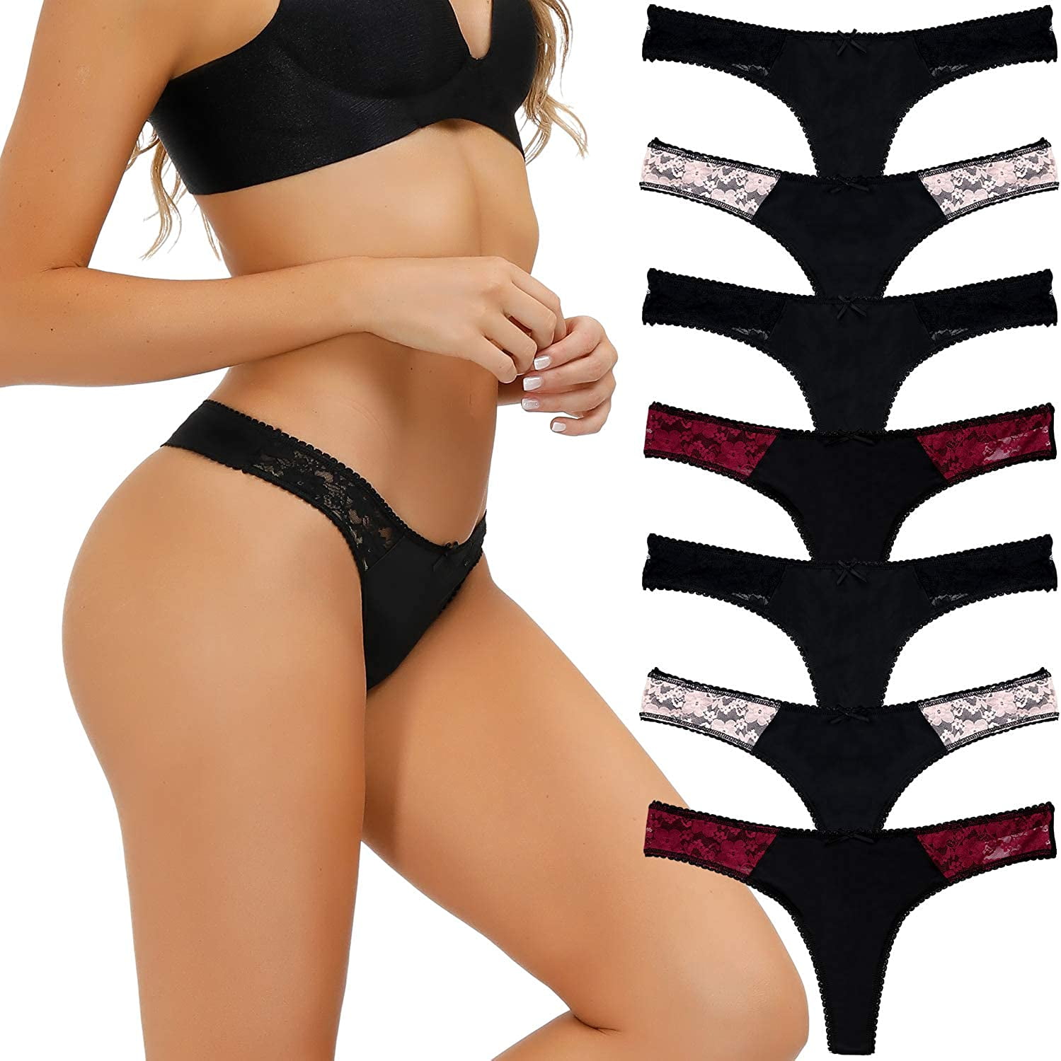 LYYTHAVON 7 Pack Thongs for Women, Lace Stretchy Spandex Nylon