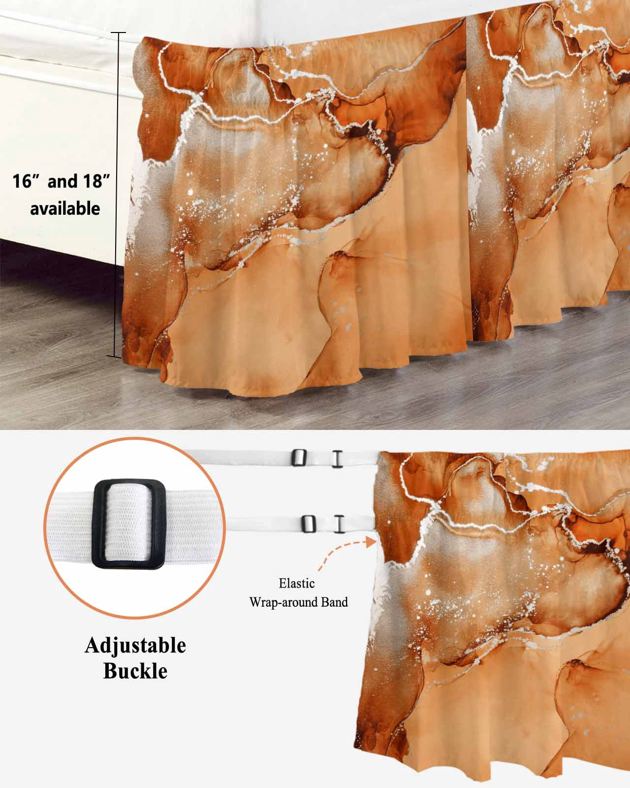 Burnt Orange Abstract Bed Skirt California King Size 18" Drop Silver Marble Ripples Luxury Fluid Art Ruffled Wrap Around Bed Skirts Adjustable Elastic Bedskirt Dust Ruffle for California King Beds