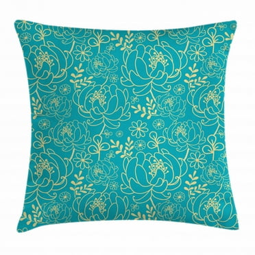 Yellow and Blue Throw Pillow Cushion Cover, Classic Floral Twig Leaves Blooms Petals Essence Flowers Design, Decorative Square Accent Pillow Case, 16 X 16 Inches, Light Yellow Teal, by Ambesonne