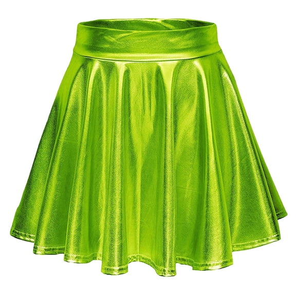 Kilaqueen Women's Skirts Metallic Pleated Flared Elastic Waist Mini Skirt Fashion Solid Color A Line Club Cocktail Party Skirts