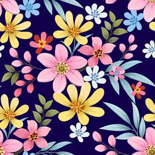 Floral Peel and Stick Wallpaper Vivid Colorful Flowers Navy Blue Wallpaper for Bedroom Pink Yellow Blue Multicolor Floral Contact Paper for Cabinet, Self Adhesive, Removable, 12"x118"$$Tools &
