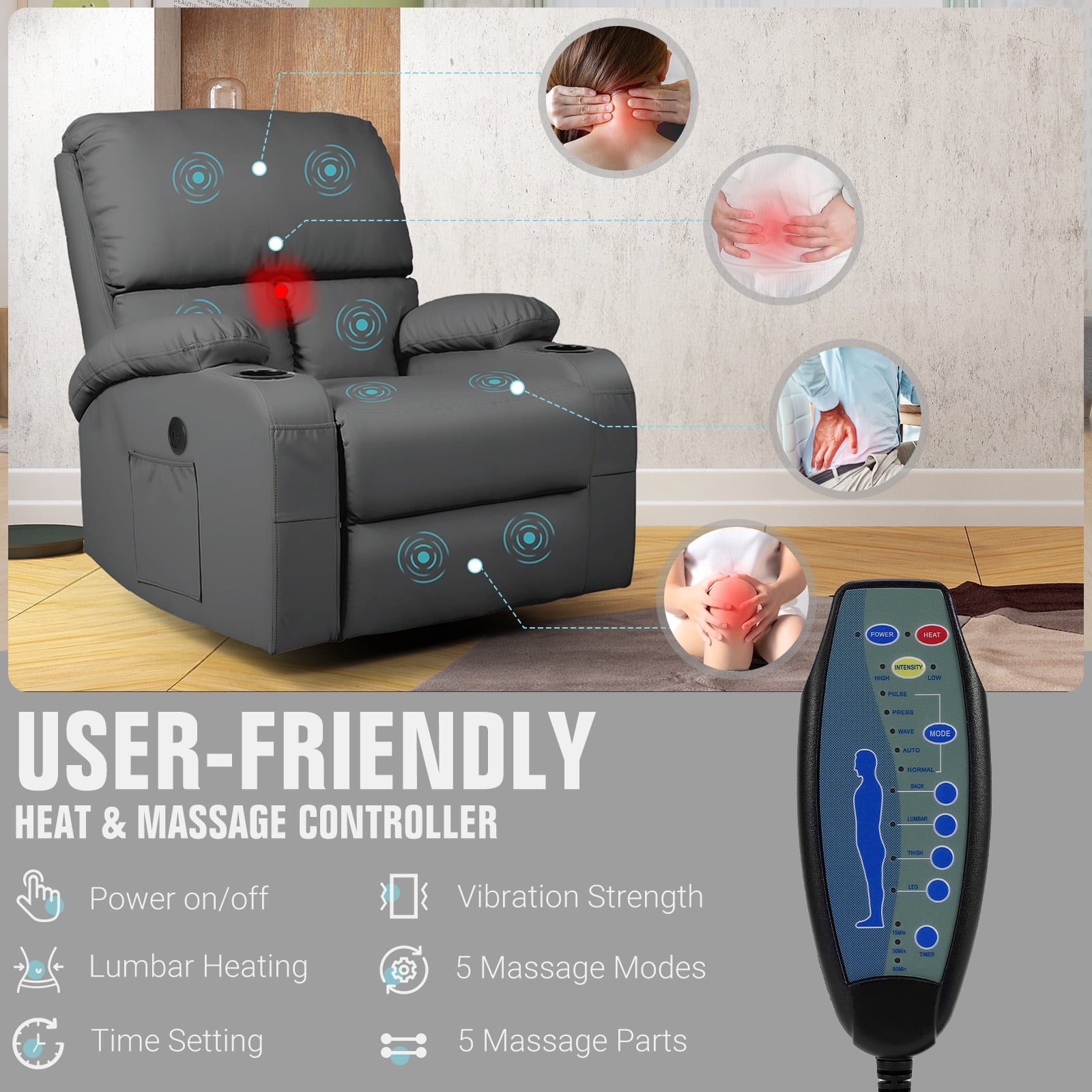 Rocking Recliner Chair, Massage Rocker Recliner Chair with Vibration Massage and Heat, USB and Type-C Ports,360° Swivel Faux Leather Chairs, Living Room, Bedroom, Nursery, RV, Dark grey