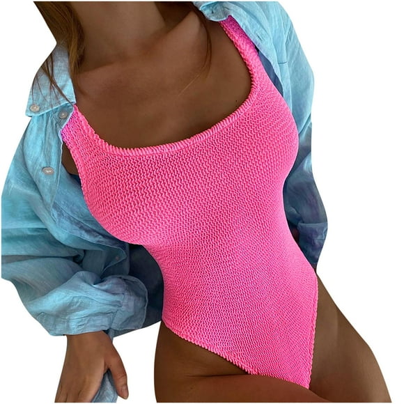 Maillot de Bain une Pièce Mode Couleur Fluorescente à Vagues Froissées pour Femmes