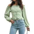thumbnail image 4 of QAFOPEH Women Solid Color Off Shoulder Long Sleeve Corset Design Smocked Blouse, 4 of 7