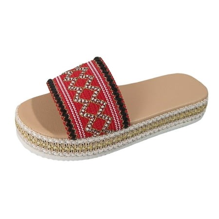 OJSFQUFP Sandals Womens Ladies Fashion Ethnic Style Woven Print Open Toe Flat Bottom Beach Sandals Soft Sole Outdoor Beach Shoes Womens Gift Red 41