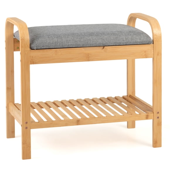 Gymax Bamboo Shoe Rack Bench w/ Cushion Entryway Bench w/ Flip-Top Storage
