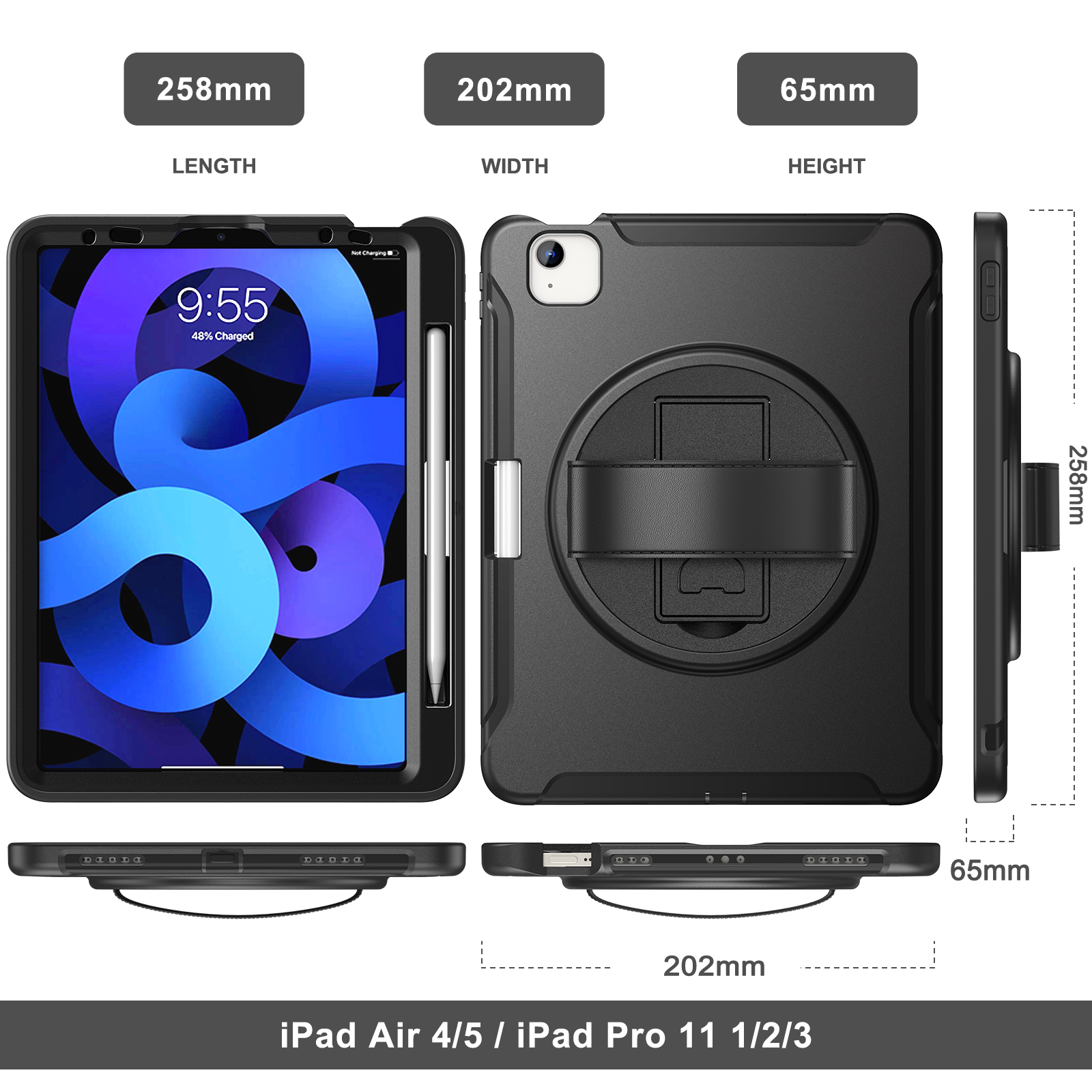 For iPad Air 11 Inch 2026/2025/2024 Case with Pencil Holder, Military Grade Shockproof Kickstand Handle Strap Anti-Scratch Kids Friendly Bumper Tablet Case Cover for Apple iPad Air 11" M4 M3 M2