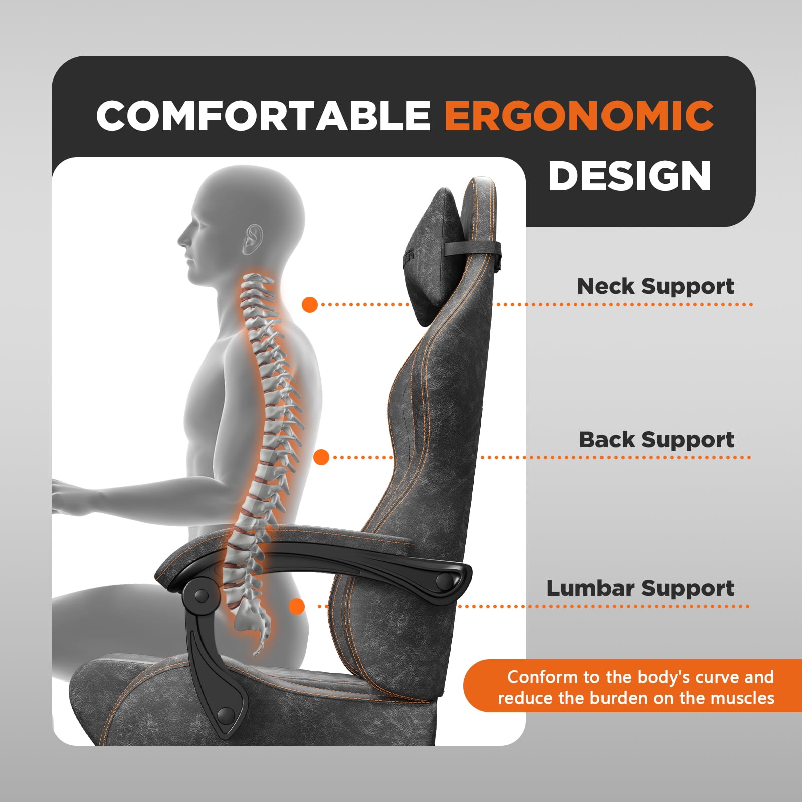 Luxvie Gaming Chair with Footrest Computer Ergonomic Office Chair with Massage Lumbar Support & Headrest, High Back Vintage Game Chair for Adults and Kids, Gray