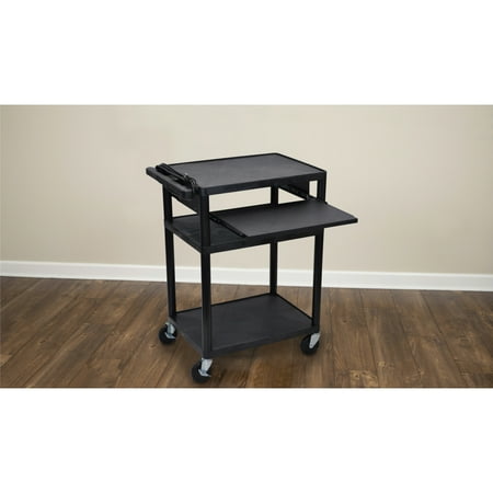 Luxor 18" x 24" x 34" Tuffy Two Shelf Flat Utility Cart With Keyboard Tray And Electrical - Black