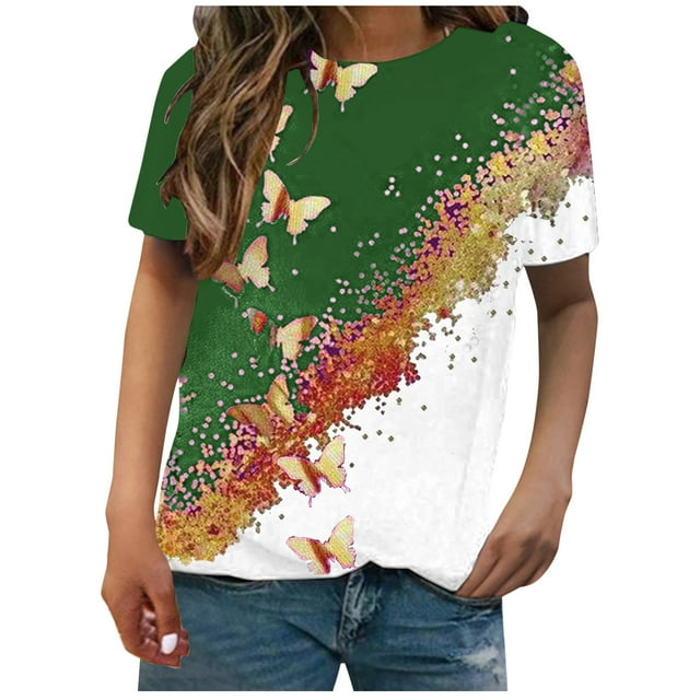 Birdeem Mode Femme Imprimé Papillon Manches Courtes Col Rond Haut Blouses