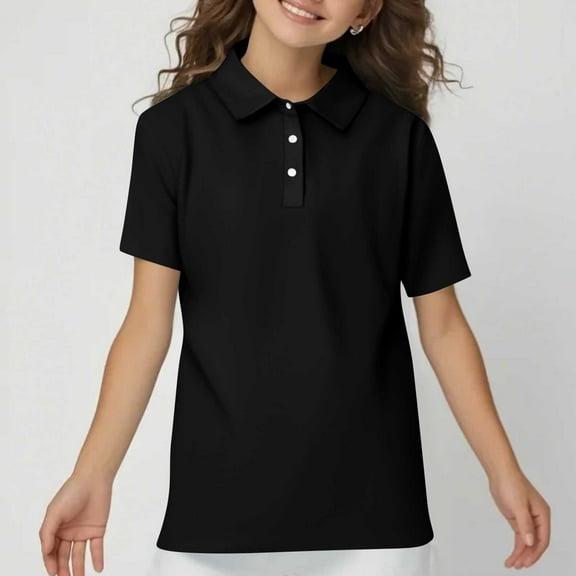HAJWOH Black Girls Uniform Tops Short Sleeve Uniform Top Dressy Casual Button T-Shirt 2025 Spring New Collared Polo Shirts Lightweight Clothing Black 11-12 Years