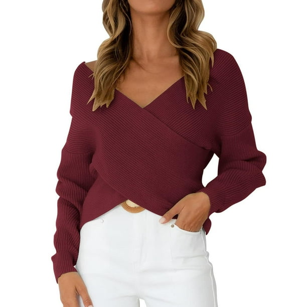Sweaters for Women Fall Winter Shirt Long Sleeve V-neck Elegant Sweater  Front Solid Casual Loose Knit Pullover Oversized Pullover Tops - Walmart.com
