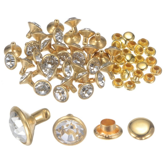 50pcs Crystal Rivets 9mm Rhinestone Rivets Rapid Stud Rivets for Clothing Leather Crafting, Gold