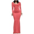 thumbnail image 1 of Mrat Robe Bohème pour Femmes Robe Décontractée pour Femmes Robe Chandail Moulante Longue Robe Maxi en Coton et Lin Robe à Col Rond Amincissante Robe Moulante Portefeuille Robe à Manches Longues Rouge Melon D\'eau 2TG, 1 of 7