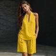 thumbnail image 5 of Qwertyu Linen Sets for Women 2 Piece Summer Outfits V Neck Halter Sleeveless Tops and Wide Leg Bermuda Shorts Cotton Linen Casual Two Piece Sets Yellow M, 5 of 7