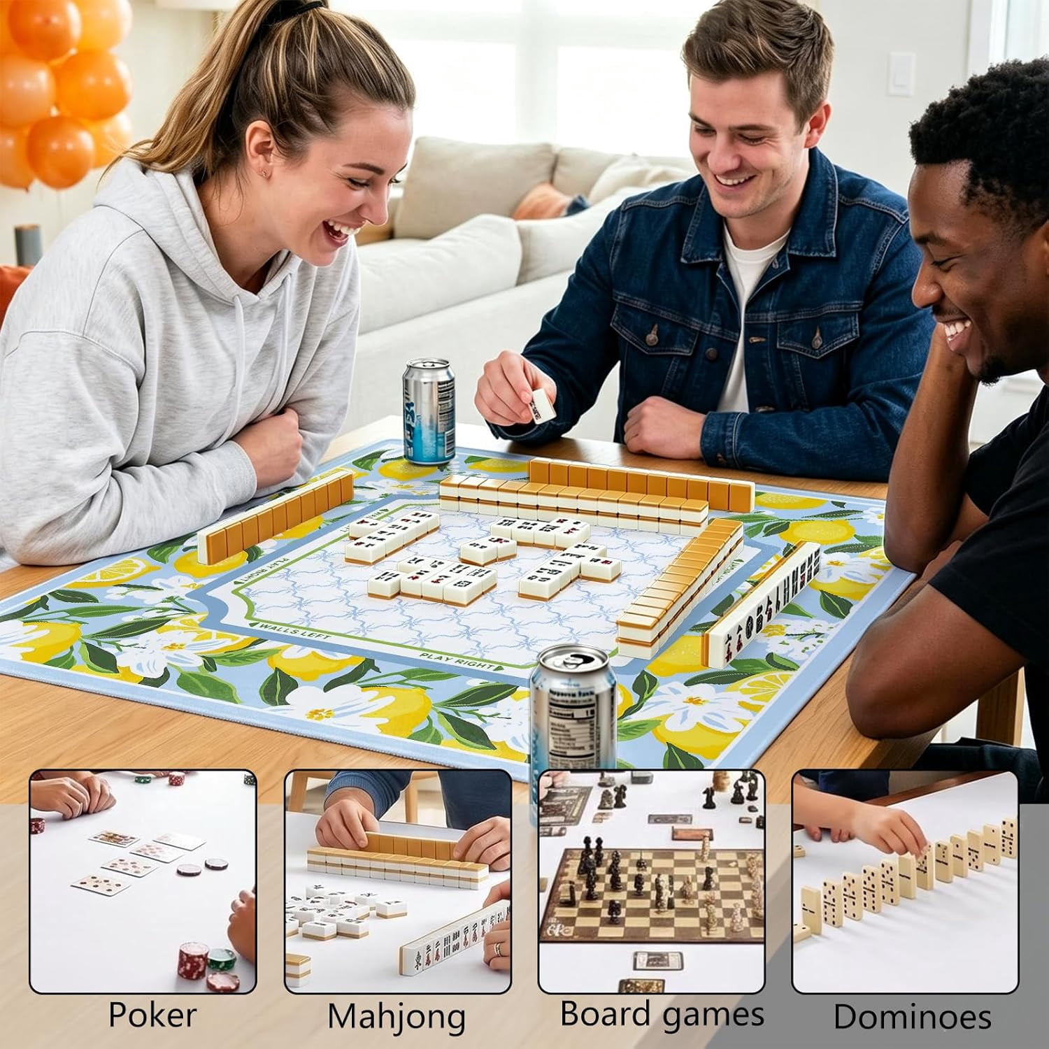 Cztulip Blue Lemon Floral Mahjong Mat,Summer Italian Lemon Anti-SlipNoise-Reducing Mahjong Mat,Cottagecore Botanical Garden Mahjong Mat for Table Board,Games Tile Game,Poker and Cards,31.5x31.5Inch