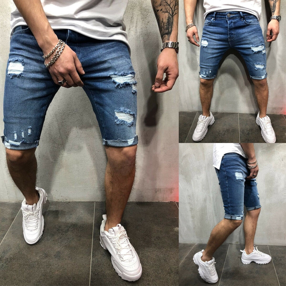 Men S Stretchy Ripped Skinny Jeans Destroyed Shorts Slim Fit Denim Short Pants Walmart Com