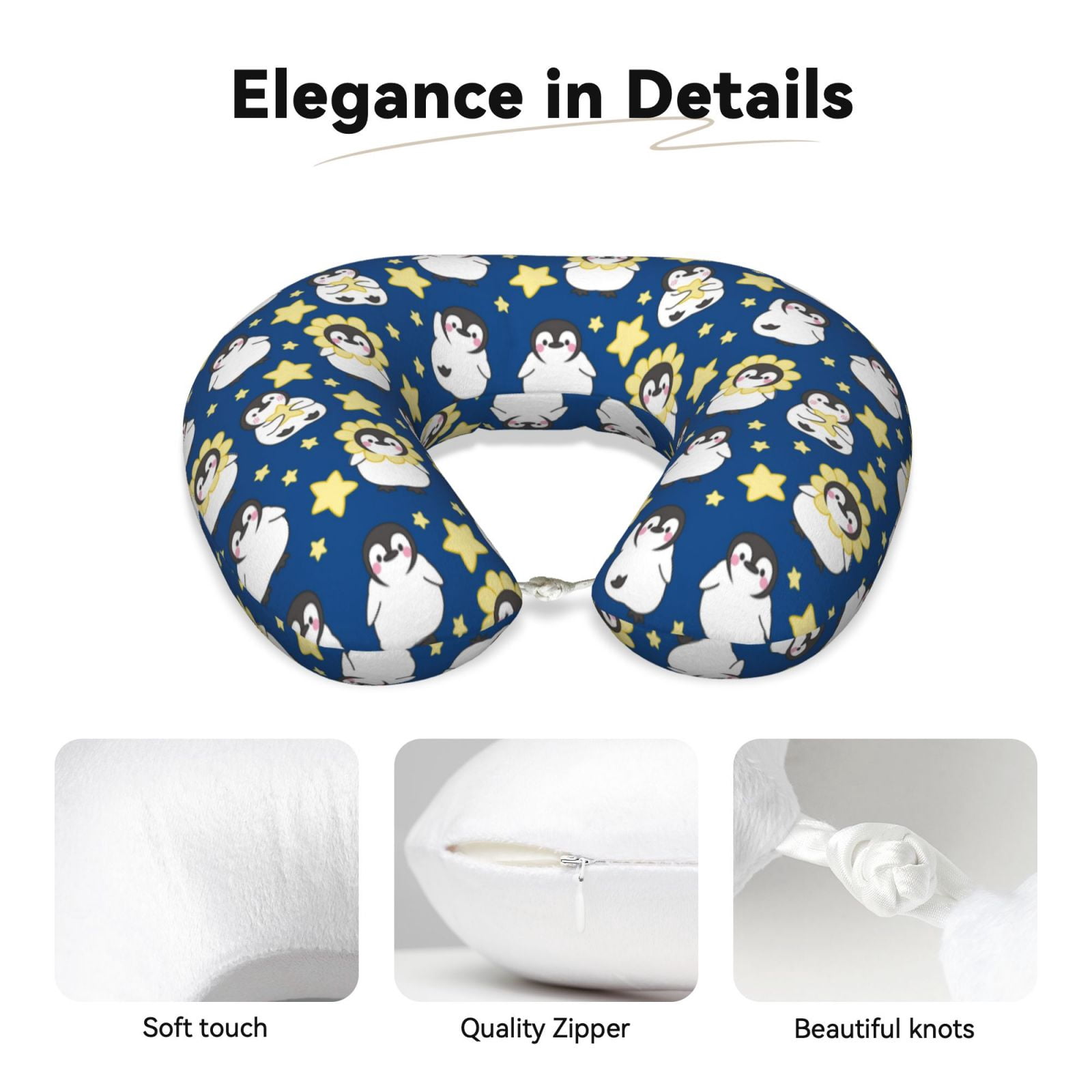 Xecao Star Penguin Print Memory Foam Cervical Neck Pillow Versatile U-Shaped Pillows for Home,Office,Camping,Travelling,Soft Washable Cover