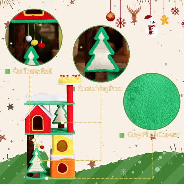 56in Christmas-Themed Plush Cat Tree, 3 Condos, Sisal Xmas Tree Scratching Ramps, Crown Perch, Hanging Balls, for Multi-Cat Households