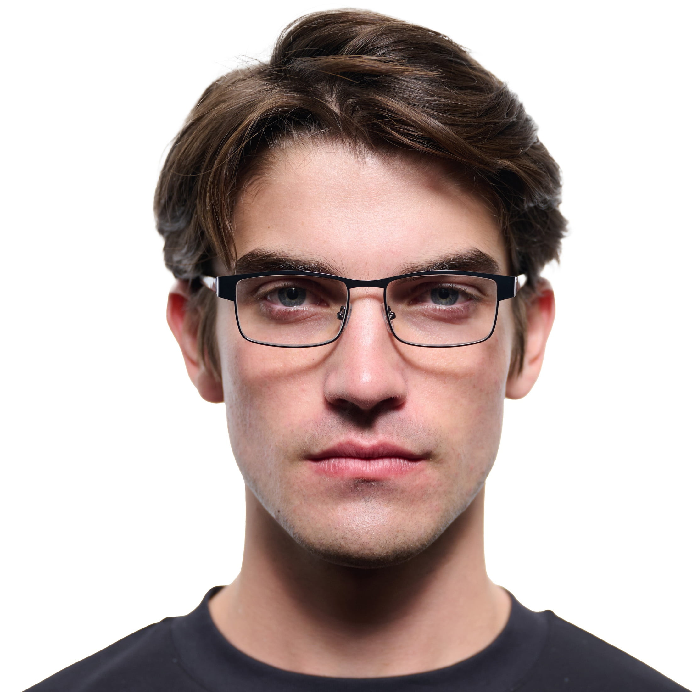 (2 pack) M+ Mens Rectangular Flat Metal Reading Glasses Gun 2.00 Birch in Gunmetal with Classic Black Temples