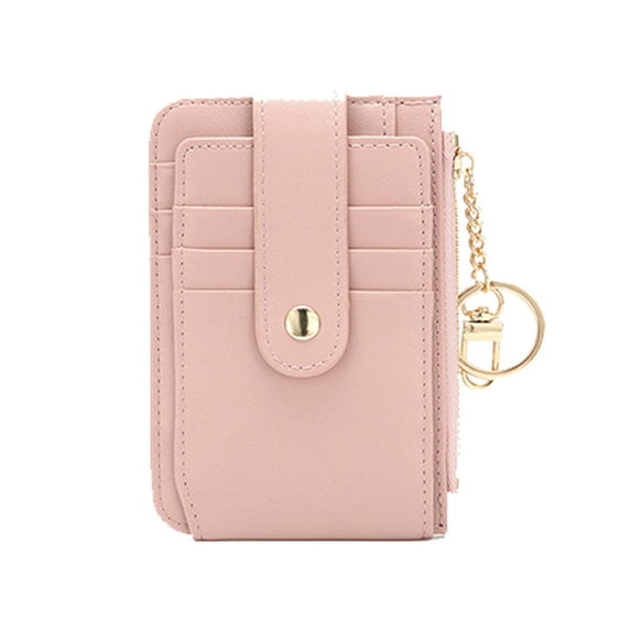 Casual Simple Solid Color Bank Card Holder Ultra Thin PU Leather Women Wallets Short Clutch Bag Korean Style Wallets With Key Chain PINK
