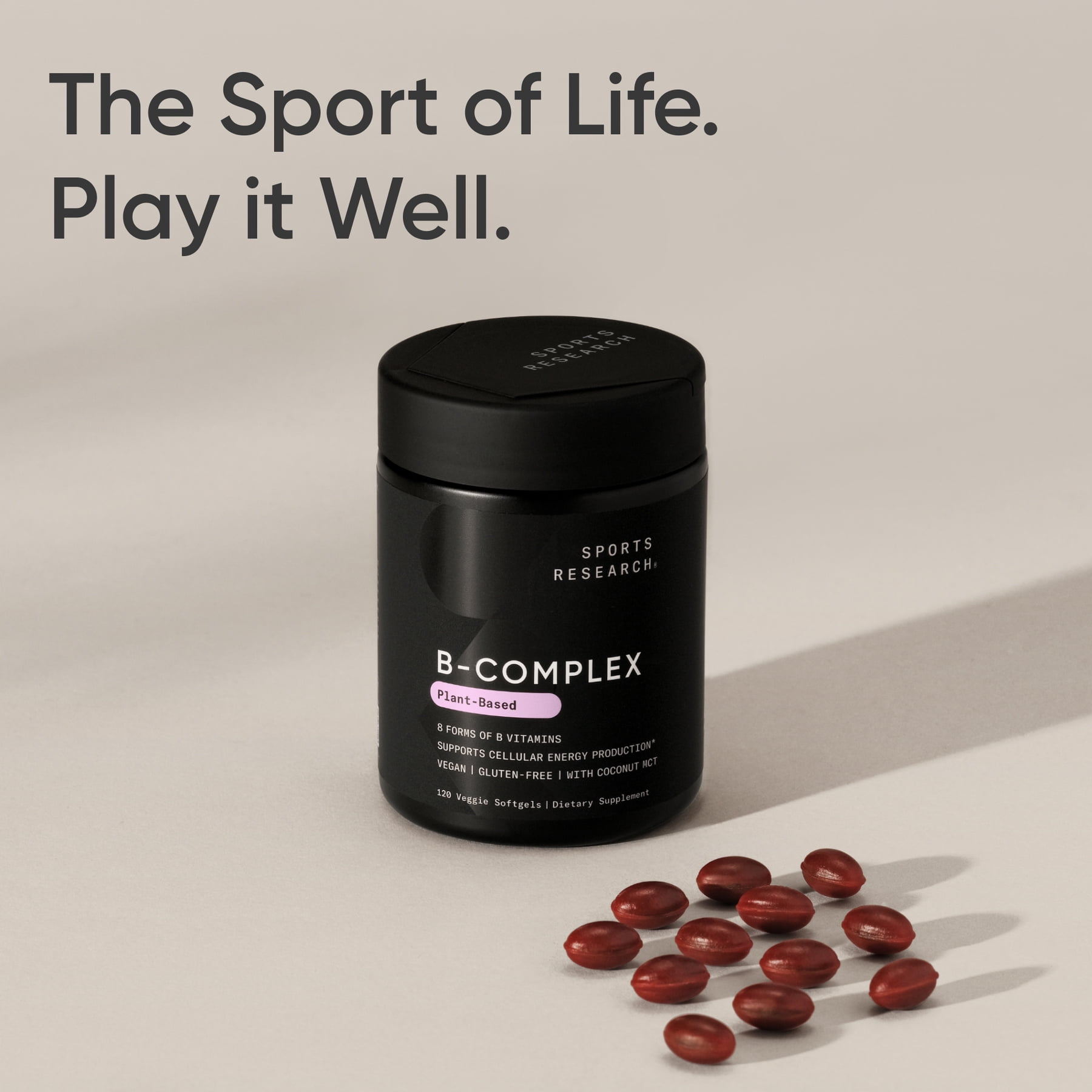 Sports Research® Vitamin B-Complex - Full Spectrum of B Vitamins with Methylated B12 & Folate - Gluten Free ·  Plant-Based · Non-GMO · Vegan-Friendly Formula - 120 Veggie Softgels