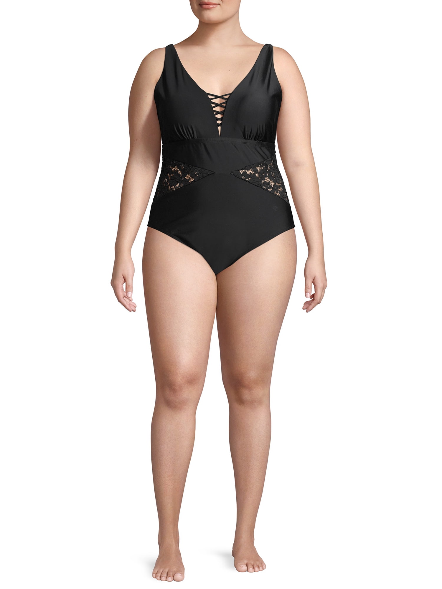 Terra & Sky Women's Plus Size Palm Crochet Lace Cutout Solid One-Piece Swimsuit