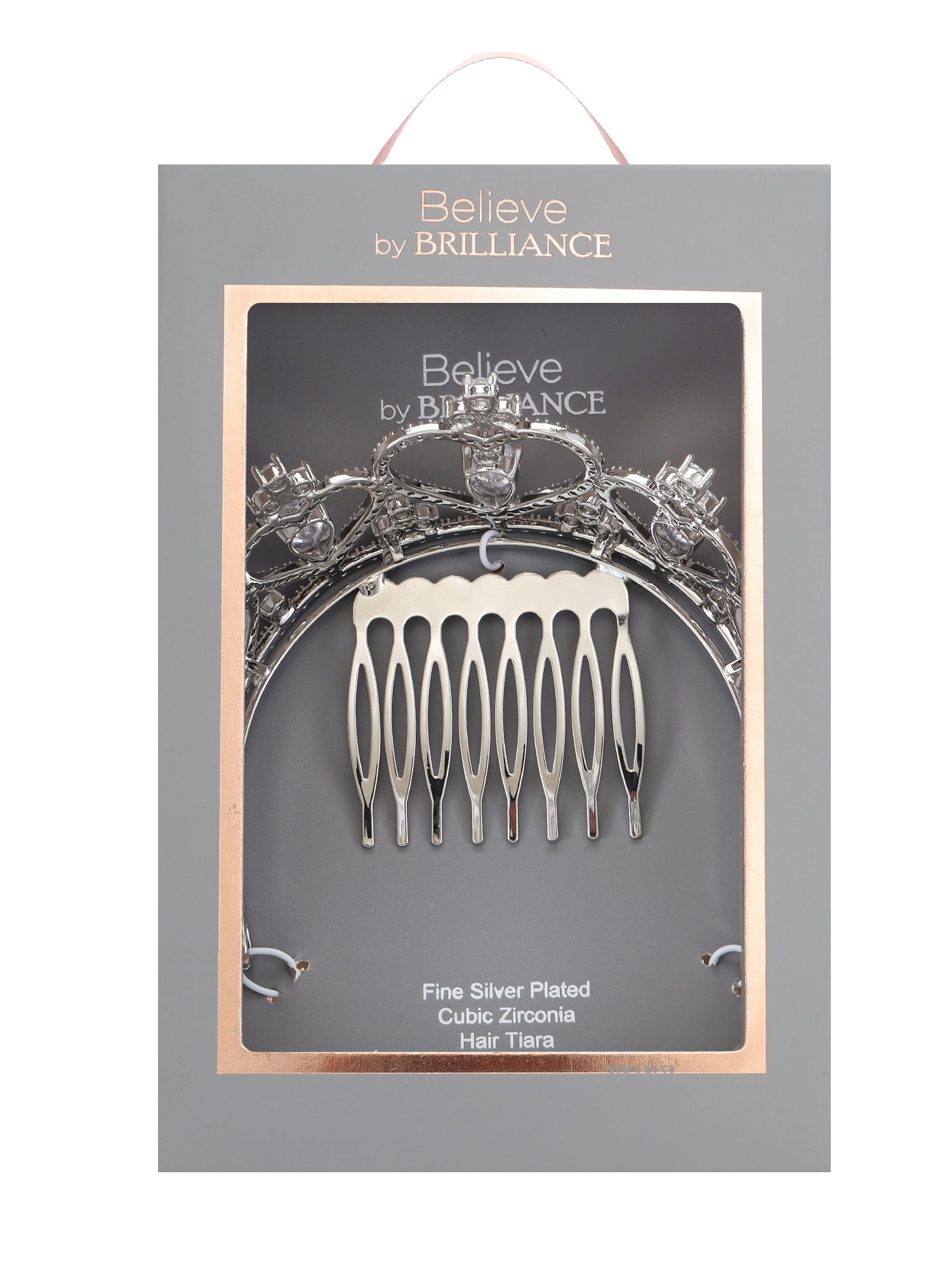 Believe by Brilliance Fine Silver Plated Mini Tiara, Heart Motif with Genuine CZ, 1 Piece