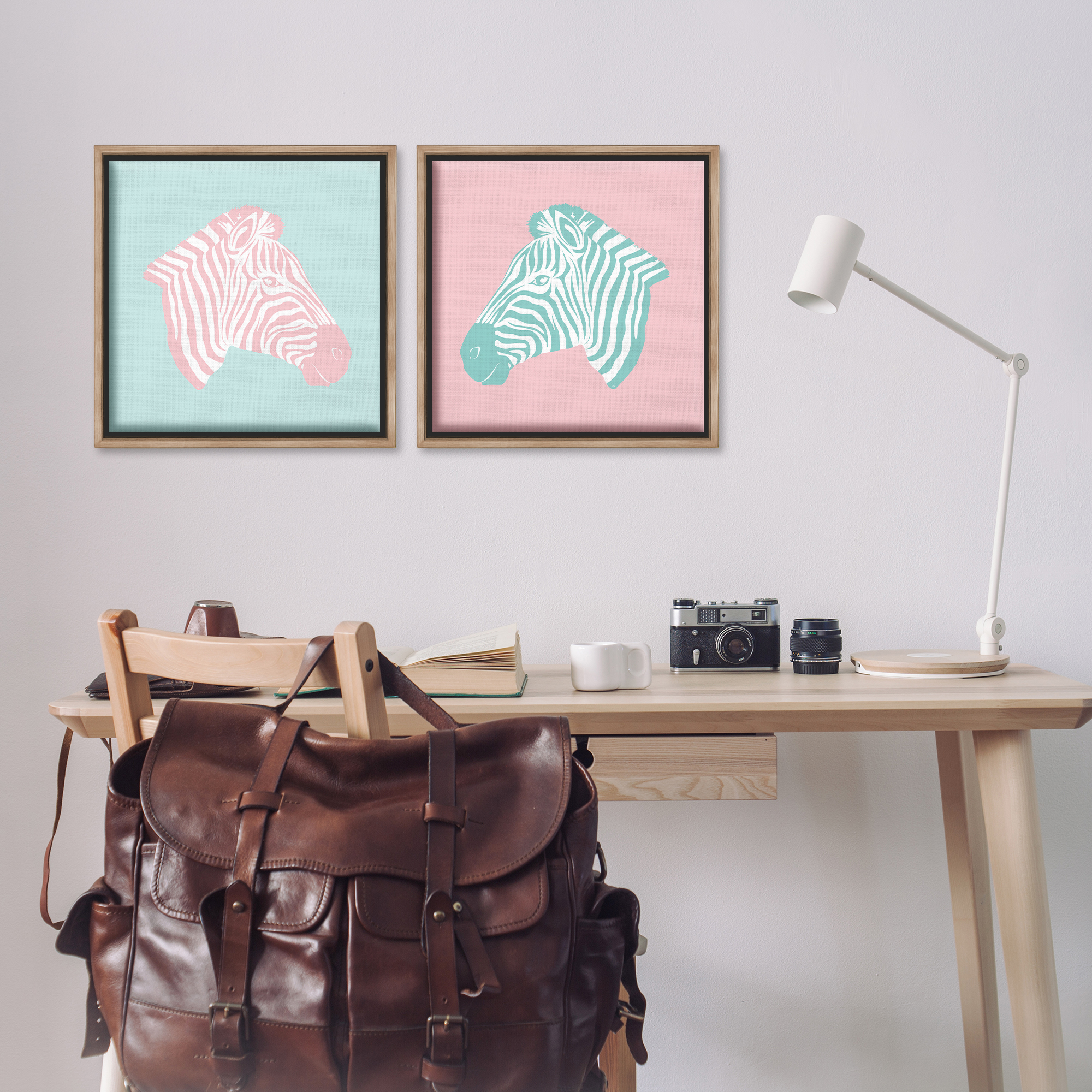 Stupell Industries Sweet Pink and Teal Zebras Animals Painting Brown Floater Framed Canvas Art Print Wall Art, 18 x 18, Set of 2